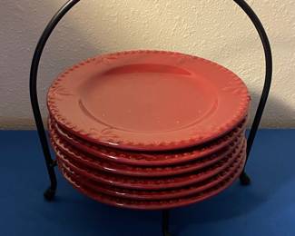 Signature Housewares Red Ceramic Pie Plate with Metal Stand