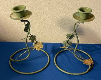Pair of Painted Metal Leaf Taper Candle Holders