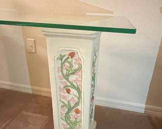 Vintage Hand-Painted Plaster Pedestal Console Table with Glass Top