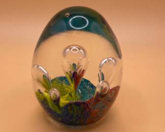 Vintage Art Glass Egg Shaped Paperweight with Controlled Bubbles and Floral Inclusion