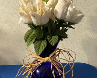 Cobalt Blue Glass Vase with Artificial Roses and Raffia Bow
