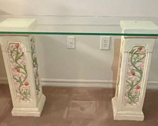 Vintage Hand-Painted Plaster Pedestal Console Table with Glass Top