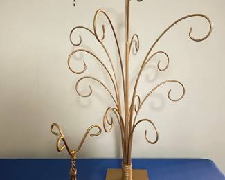 Set of 2 Gold Tone Metal Ornament Display Trees and Stands