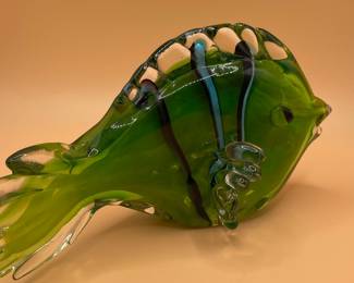 Murano Style Art Glass Fish Figurines - Green with Black and Blue Stripes