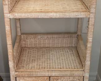 Vintage Pier 1 Jamaica Collection Wicker Etagere with Carved Wood Accent