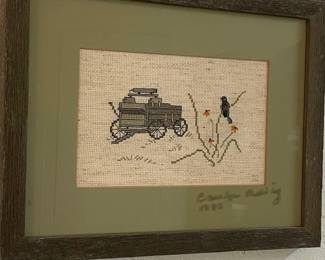 Vintage 1987 Cross-Stitch Sampler of Horse-Drawn Wagon with Bird and Flowers
