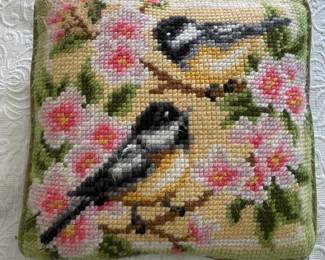 Vintage Needlepoint Pillow with Chickadees and Blossoms