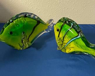 Murano Style Art Glass Fish Figurines - Green with Black and Blue Stripes