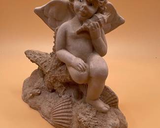 Cast Stone Cherub with Seashell Garden Statue