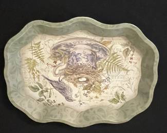 Vintage Decorative Metal Serving Tray with Bird and Nest Motif