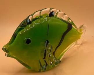 Murano Style Art Glass Fish Figurines - Green with Black and Blue Stripes