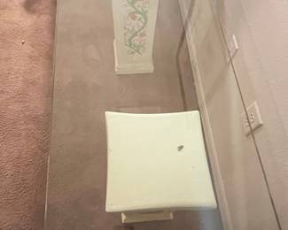 Vintage Hand-Painted Plaster Pedestal Console Table with Glass Top