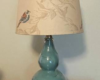 Double Gourd Ceramic Table Lamp with Botanical and Avian Motif Shade