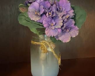 Artificial African Violet Arrangement in Frosted Mason Jar