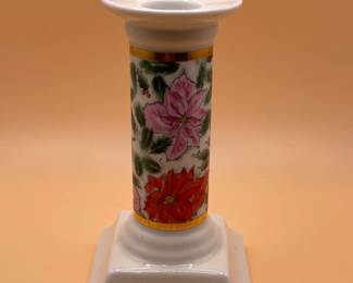 Porcelain Candlestick with Poinsettia and Holly Motif