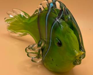Murano Style Art Glass Fish Figurines - Green with Black and Blue Stripes