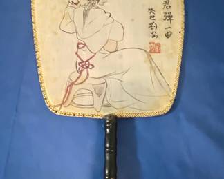 Vintage Chinese Hand-Painted Silk Fan with Pipa Player