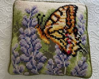 Vintage Needlepoint Butterfly and Flowers Throw Pillow