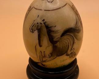 Hand-Painted Stone Egg with Horses on Stand