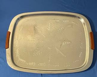 Vintage Hand Wrought Hammered Aluminum Serving Tray with Floral Etching and Wood Handles