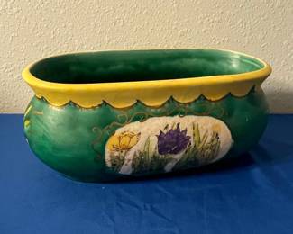 Italian Hand-Painted Oval Ceramic Planter with Floral Motif