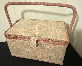 Vintage Floral Fabric Covered Sewing Basket with Pink Cording and Handle