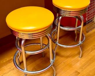 Yellow Retro Chrome Pan Swivel Stools