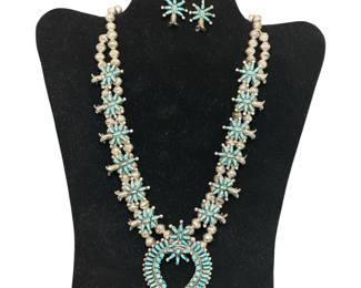 ZUNI Cluster Work Squash Blossom Necklace & Earrings, Sterling Silver Turquoise
