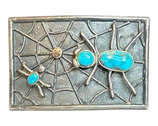 Southwestern Sterling Silver Turquoise Spider & Web Belt Buckle