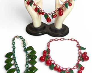 Three Bakelite Cherry & Leaf Necklaces
