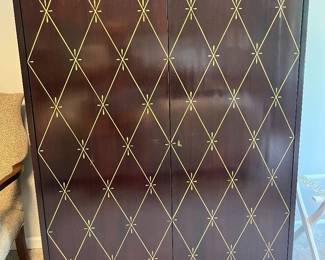 Barbara Barry for Baker Furniture armoire in mahogany with a hand-painted gold leaf diamond lattice design.