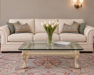 Lexington Furniture white sofa and square glass top coffee table