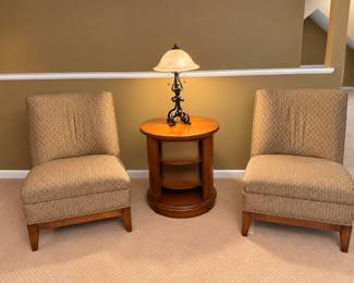 Drexel Heritage upholstered armless chairs and round side table with shelves