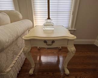 Ivory colored side tables with drawer, two available and  two metal table lamps with glass bases