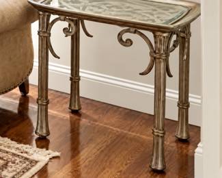 Square metal side table with glass top. Two available.