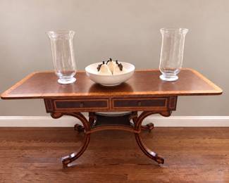 Regency style drop leaf pedestal table with banding & drawers by Henredon
