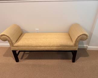 Roll arm bench in gold fabric