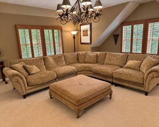 Robin Bruce sectional sofa with nailhead trim  and Drexel Heritage upholstered ottoman