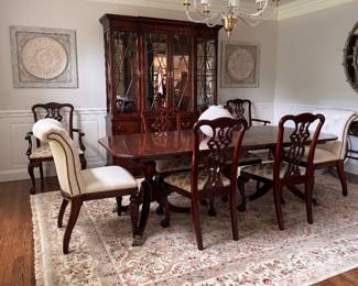 Century dining table with six chairs and glass overlay