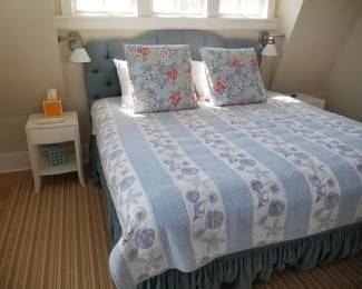 Queen bed with upholstered headboard & footbaord; end tables
