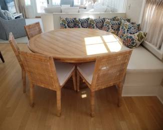 Round pedestal table with 4 Serena & Lily rattan Balboa chairs