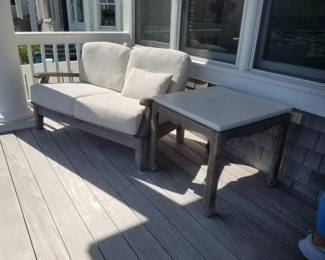 Teak loveseat; marble top end table matches indoor/outdoor coffee table