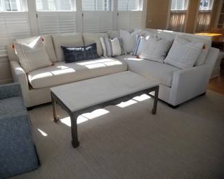 Stunning white sectional sofa - Classics by Sheffield; marble top indoor/outdoor coffee table. Rug