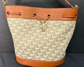 Authentic Lauren Ralph Lauren Annie Monogram Large Drawstring Bucket Bag And Matching Wallet