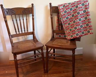 Vintage Victorian Style Golden Oak Pressback Caned Chairs With Handwoven Overshot Coverlet