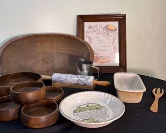 Rustic Kitchen Lot Large Wooden Fruit Bowl Wooden Serving Royal China Longaberger Pottery