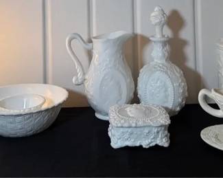 Hobnail Milk Glass Hurricane Lamp, Fostoria Jenny Lind Milk Glass Decanter,Pitcher,Trinket Box, More