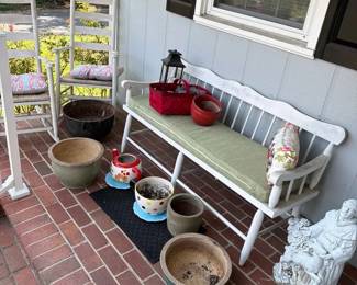 Outdoor Decor White Wooden Bench 2 Chairs Ceramic Planters Concrete Lawn Ornament