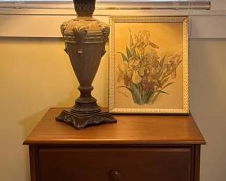 Nightstand Trio Wooden Chest, Metal Lamp And Paul De Longpre Vintage Print