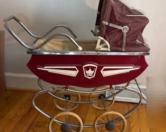 Vintage Red Painted Sheet Metal Baby Doll Stroller